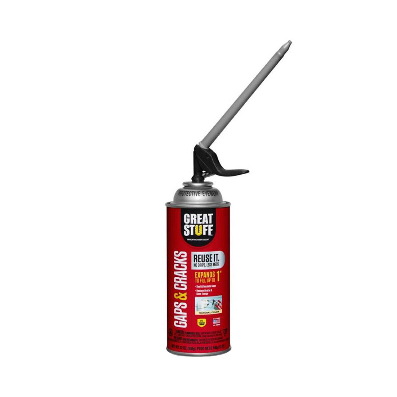 A 12 oz. Go Build Gaps & Cracks with Smart Dispenser sits against a white background, featuring a long gray applicator straw and product details on its red label.